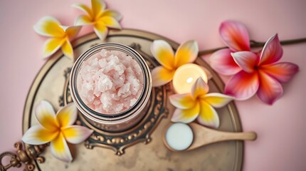 Pink himalayan salt scrub with plumeria flowers