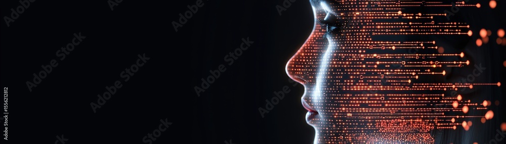 Poster digital profile of a human face constructed with glowing data points and lines on a black background