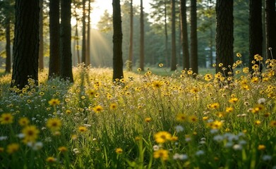 Obraz premium Sunlit meadow with wildflowers and tall trees in morning light 
