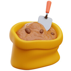Yellow Bag of Potting Soil with Trowel 3D Icon - Garden Supply Vector Illustration Planting Mix with Orange Handle Tool Isolated on White Background