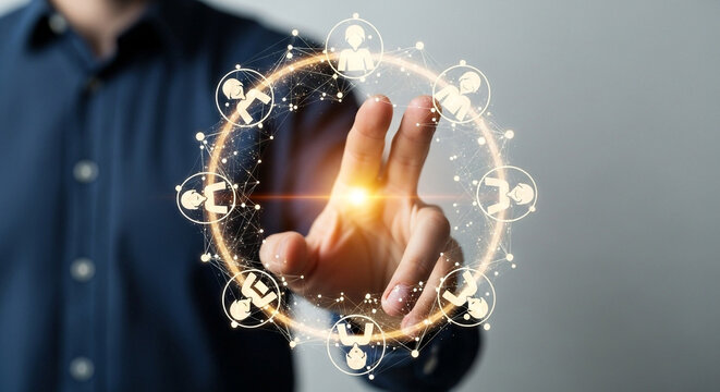 Person touching a glowing circle with connected people icons and network connections on a light background
