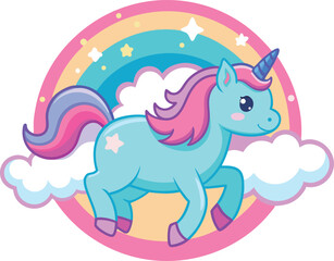 Fototapeta premium Playful Blue Unicorn with Rainbow and Clouds on 