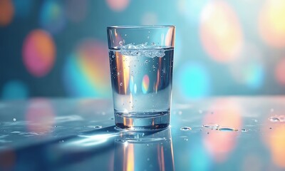 An artistic rendering of a water-filled glass casting prismatic reflections on a smooth surface.