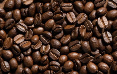 Obraz premium Studio macro coffee beans on the brown background with space for