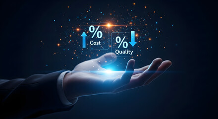 Hand in suit holding hologram with 0% cost up and 0% quality down, symbolizing trade-off between price and quality in business decision