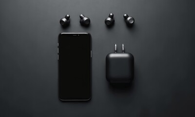 Minimal flat lay featuring a smartphone, earbuds, and charger on a sleek dark slate background.