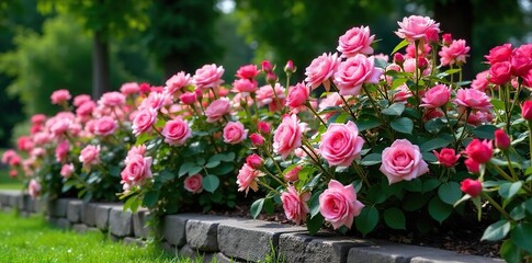 Profusely Blooming Roses Spill Over Stone Border, Romantic Garden Scene