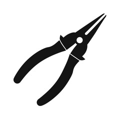 Long-nose pliers icon, black silhouette, minimalist industrial tool vector, sharp clean lines, suitable for maintenance or repair apps