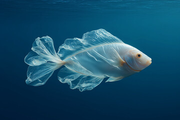 Plastic bag shaped like a fish floating in the ocean, symbolizing pollution and environmental impact, with underwater lighting highlighting the surreal and haunting marine scene