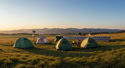 Camping tents on a sunny landscape with solar panels