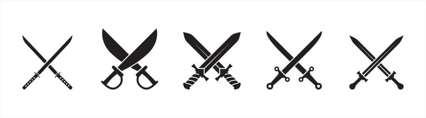 Two Crossed Swords set Icon Flat Graphic Design