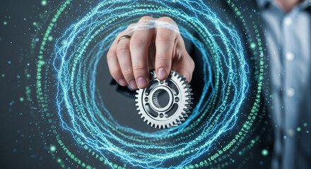 Hand holding a gear with digital rings and binary code forming a technological abstraction
