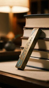Stack of Books with a Decorative Bookmark on a Wooden Table