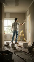 Fototapeta premium Man Painting Interior Wall in Home Renovation Scene with Ladder and Paint Supplies