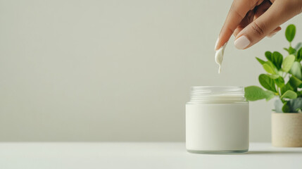 Cream jar, A finger dipping into a jar of cream, showcasing indulgence and food exploration.