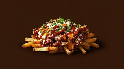 A stylized loaded BBQ pulled pork fries appears suspended in time against a solid BBQ brown background. The crispy fries, tender pulled pork, and melted cheese are highlighted