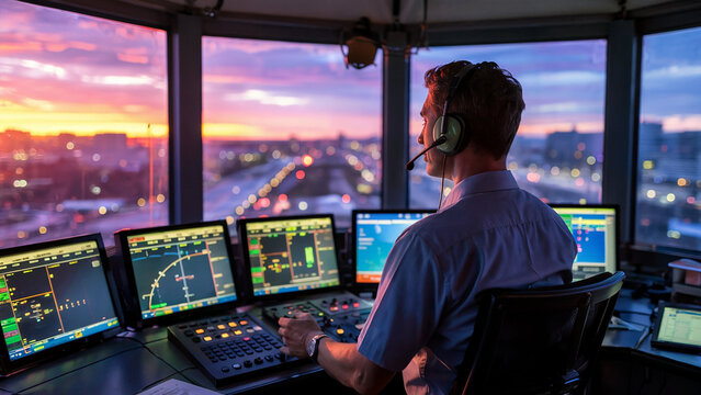 Air traffic controller wearing headphones and headset monitors radar screens in a control tower overlooking a city at sunset