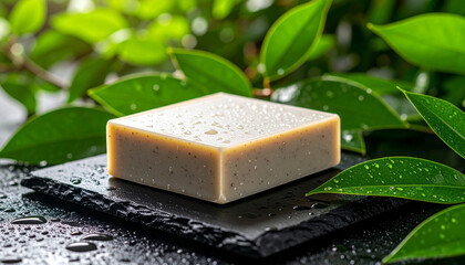 Handmade Soap On Wet Slate With Water