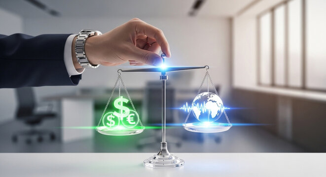 A hand adjusting scales balancing currency symbols and a globe in a bright office setting indoors