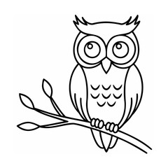 Black outline owl perched on a branch with leaves on a white background