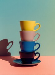 Colorful cups stacked, vibrant colors, shadows