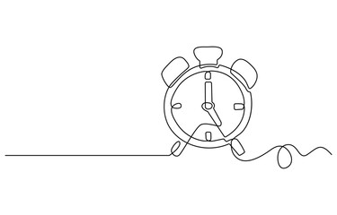 Continuous one line drawing of vintage alarm clock vector design, Clock drawn symbol. One line art continuous icon, Clock with arrow Continuous one line drawing. One thin line continuous drawing.