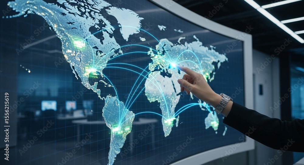 Aufkleber person pointing at world map on screen showing global network connections and office background