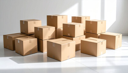 Fototapeta premium Stacked Shipping Boxes On White Floor