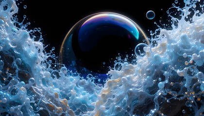 Captivating Water Splash with Bubbles and Reflective Sphere Effect