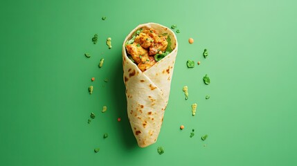 A stylized chicken tikka wrap appears suspended in time against a solid mint chutney green background. The spiced chicken and soft naan are highlighted, with a drizzle of mint chutney