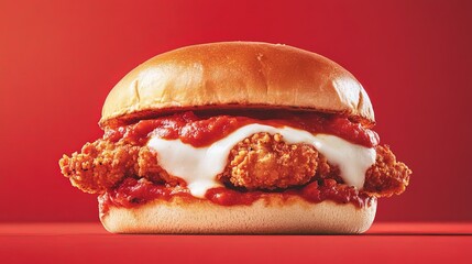 A stylized chicken parm sandwich appears suspended in time against a solid marinara red background. The crispy chicken, melted cheese, and tangy marinara are highlighted, with a soft bun