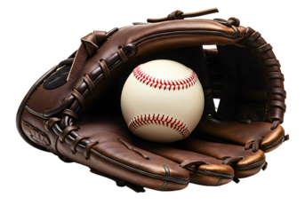 Vintage leather baseball glove holding a baseball isolated on transparent background
