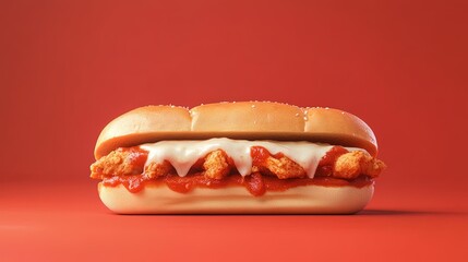A stylized chicken parm sandwich appears suspended in time against a solid marinara red background. The crispy chicken, melted cheese, and tangy marinara are highlighted, with a soft bun