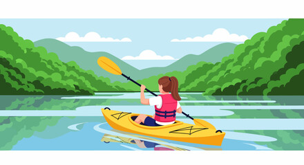 Person kayaking on a serene lake surrounded by lush green mountains and trees reflecting in the water