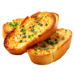Close Up Of Three Golden Garlic Bread Slices Garnished With Fresh Parsley On A White Background