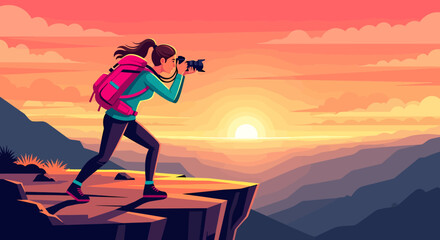 Pixel Art Photographer Capturing Stunning Mountain Sunset View