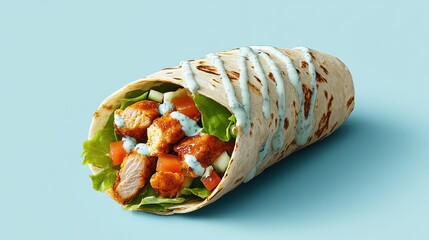 buffalo chicken wrap appears suspended in time against a solid blue cheese white background. The spicy chicken, fresh veggies, and creamy sauce are highlighted, with a drizzle of blue cheese dressing