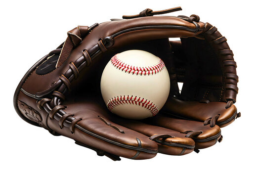 Vintage leather baseball glove holding a baseball isolated on transparent background