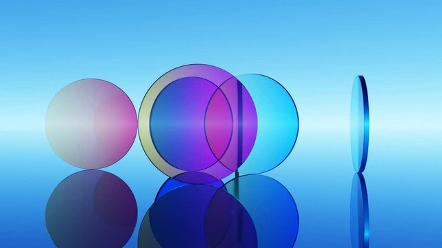 3D animation of gradient glass disks rotating on a mirror surface. Modern dynamic motion design.
