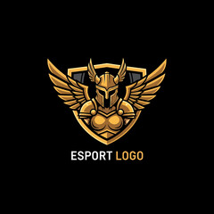 Obraz premium Golden Viking Warrior Emblem with Wings and Shield Esports Logo