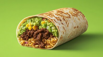 A stylized beef burrito appears suspended in time against a solid guacamole green background. The seasoned beef, fluffy rice, and melted cheese are highlighted, with a drizzle of guacamole