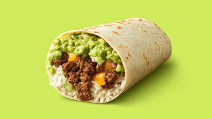 A stylized beef burrito appears suspended in time against a solid guacamole green background. The seasoned beef, fluffy rice, and melted cheese are highlighted, with a drizzle of guacamole