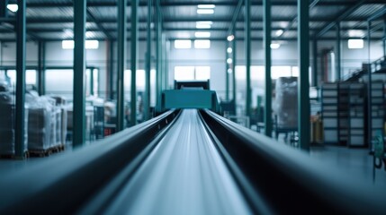 Automated conveyor system in a modern factory.  High-speed production line, moving packages, and warehouse space