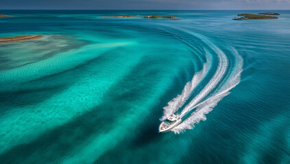 Minimalist aerial view of a speedboat racing across deep blue ocean, leaving large white wakes behind, captured with no visible passengers in a clean and modern composition