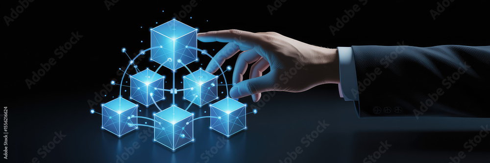 Poster hand interacting with digital cubes: a close-up shot of a hand seemingly manipulating a cluster of g