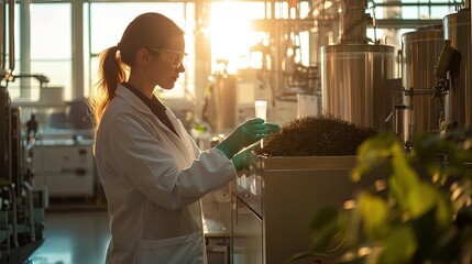 A researcher wearing gloves and a lab coat examines organic materials in a biomass energy facility. Behind them, large machines process agricultural waste, converting it into biofuel