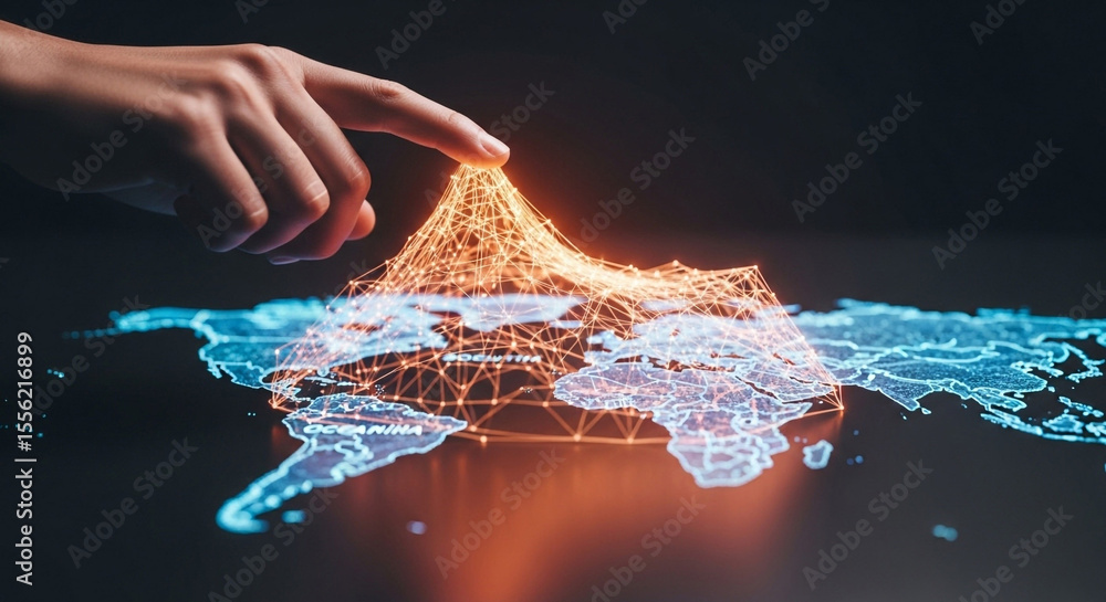 Poster finger touching a connected network above a world map highlighting global connectivity concept