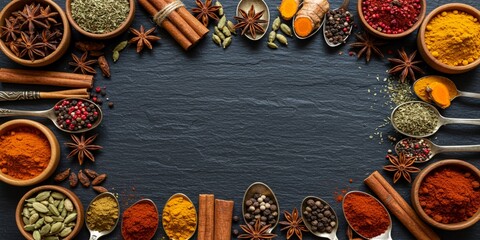 Assorted spices and herbs arranged in a frame on a dark surface.