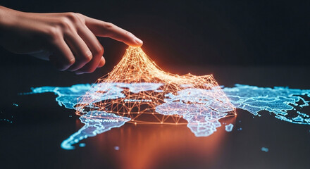 Finger touching a connected network above a world map highlighting global connectivity concept