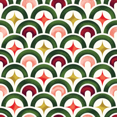 Christmas geometric background. Overlapping arcs with circle diamond seamless pattern. Repeated abstract wave. Semicircle wallpaper. © drilling in the dark